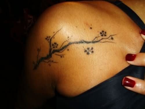 Girl Right Shoulder Cherry Blosoom Flowers Tattoo